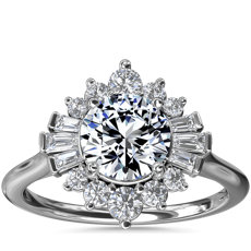 Baguette and Round Ballerina Halo Diamond Engagement Ring in Platinum
